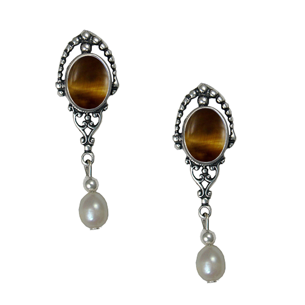 Sterling Silver Cultured Freshwater Pearl Drop Dangle Earrings With Tiger Eye